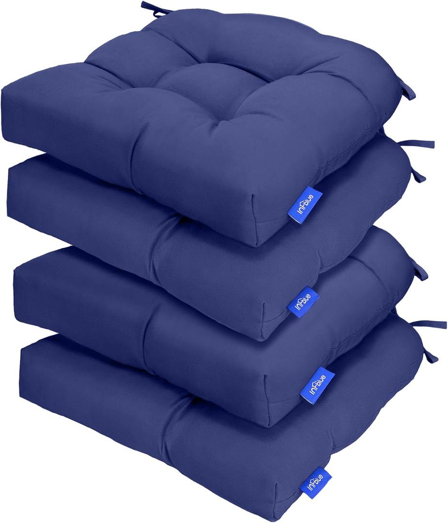 Outdoor Tufted Wicker Cushions Seat Cushions for Patio Furniture Set of 4, 19x19 Outdoor Chair Cushions Weather Resistant Patio Cushions with Ties for Wicker Chair (Deep Blue, 4 Pack)