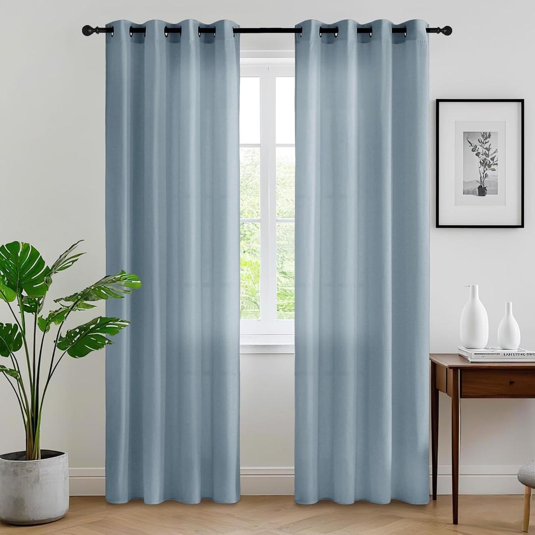 RYB HOME Sliding Glass Door Curtains 96 inches Long, Semi Sheer Thick Light Filtering Grommet Drapes for Bright Airy Privacy Space Living Room Dining Room, Stone Blue, 2 Panels
