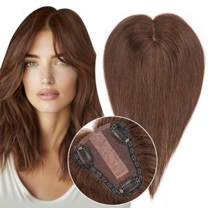 S-noilite Hair Toppers for Women Real Human Hair 3D 360 Cover Clip in 100% Real Human Hair Toppers 3*4 Clip in Silk Base 12 inch Chestnut Brown
