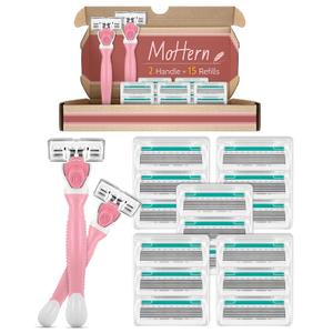 Razors for Women Sensitive Skin with 15 Blade Refills, 6 Blades Womens razors for Shaving Including 2 Travel Razors for Women with 15 Blade Refills,Green (1 Count (Pack of 17), Pink)