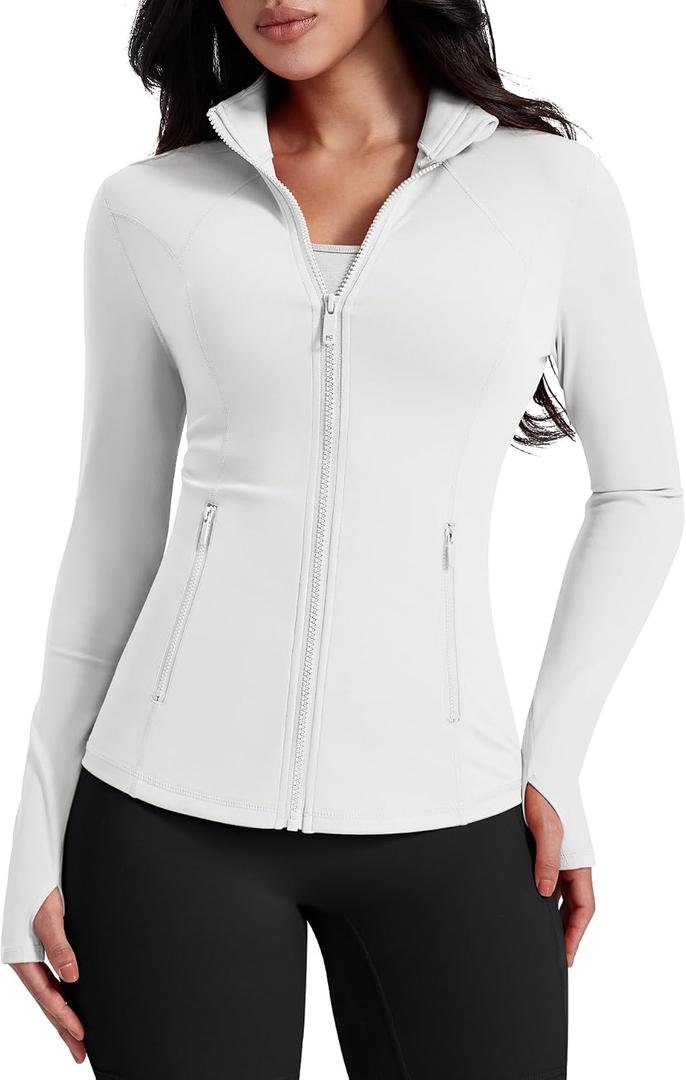 AVGO Womens Workout Jackets Lightweight Athletic Zip Up Jacket Slim Fit Running Gym Top with Pockets & Thumb Holes,Large