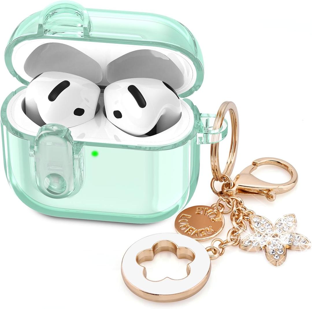 (with Safety Lock) Clear Case Compatible with Cute Apple Airpods 4 Cases 2024 Women, VISOOM Soft TPU Transparency Air pods 4 Gen Case iPods 4 Earbuds Case Girl Bling Keychain for Airpod iPod 4th Gen (Leaf Green)