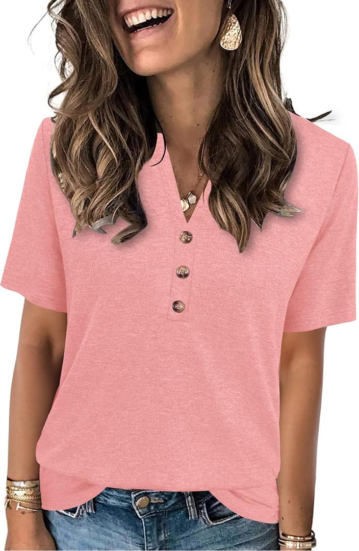 Womens Summer Tops Short Sleeve Shirts Business Casual Outfits Trendy Fashion Beach Vacation Clothes 2025 (X-Large, Coral Pink)