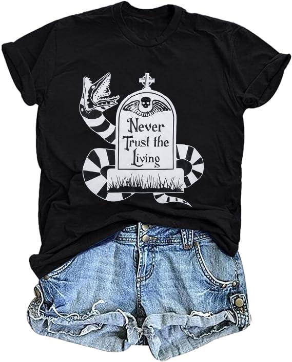 Halloween Shirt Women Spooky Graphic Shirts Strange and Unusual Print Tee Tops (Small, Black-1)