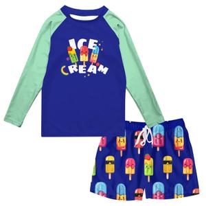 Boys Swim Set Size 10 Kids Ice Cream Swimsuits Rash Guard with Trunk 9-10Y (Blue)