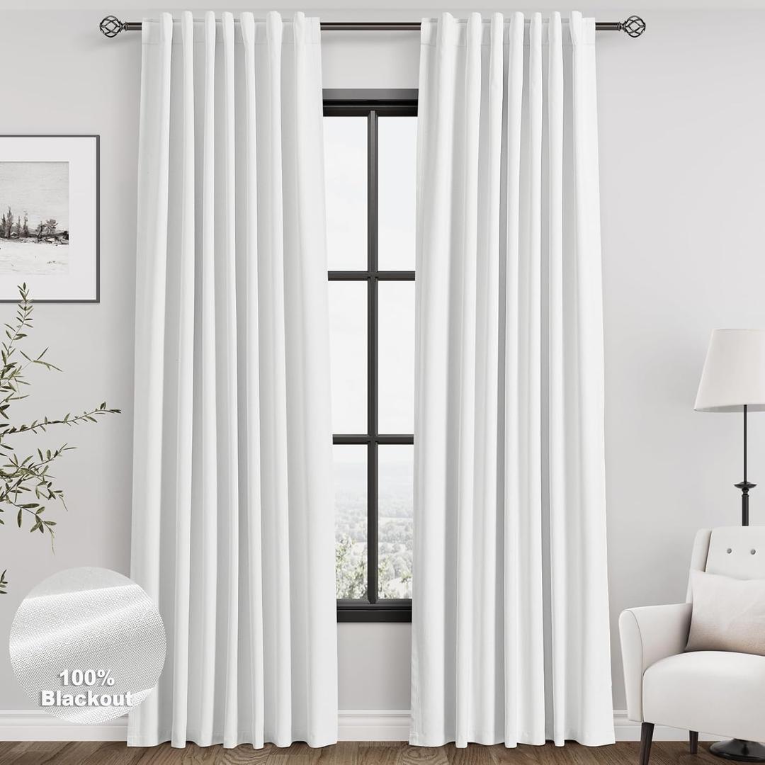 White Linen Blackout Curtains 84 Inches Long 2 Panels for Living Room Back Tab Modern Cotton Textured Pure White Black Out Curtains Heating Blocking Linen Curtain Panels for Bedroom Nursery Kids