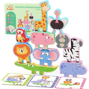 Montessori Toys for Toddlers, 10 Pack Wooden Animal Stacking Blocks, Sorting & Stacking Preschool Learning Activities, Gift for Boys, Girls