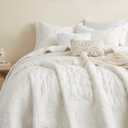 Boho Ivory Quilt Queen Size Bedding Sets with Pillow Sham, Bohemian Lightweight Soft Bedspread Coverlet, Cream Farmhouse Floral Vintage Thin Comforter Bed Cover All Season, 3 Pieces, 90x90 inches