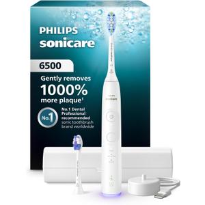 Philips Sonicare 6500 Series Electric Toothbrush - Next-Generation Sonicare Technology, Pressure Sensor, 9 Brushing Settings, SmarTimer, BrushPacer, 21-Day Runtime, Travel Case, White, HX7410/10