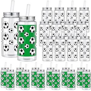 Maxdot 24 Pack 14.2 OZ Soccer Plastic Cups with Lid and Straw Bulk Soccer Cup with Lid and Straw Clear Reusable Plastic Juice Bottles Tumbler for Sport Themed Party Favors Birthday Team Gifts