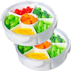 2Pack Veggie Tray With Lid for Fridge Organizer Bins Divided Snackle Box Container with 6 Compartments for Party Serving Platter, Fruit Tray with dip, Snack Storage, Reusable Meal Prep