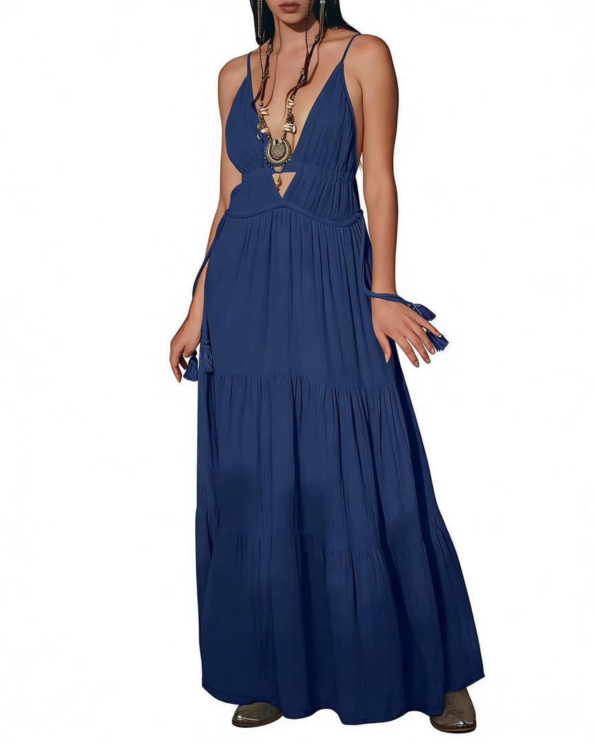 CORAMOON Women's Navy Summer Deep V-Neck Spaghetti Strap Flowy Casual Boho Sun Dress for Beach, Vacation (US, Alpha, Small, Regular, Regular, Navy) (Blue, S)
