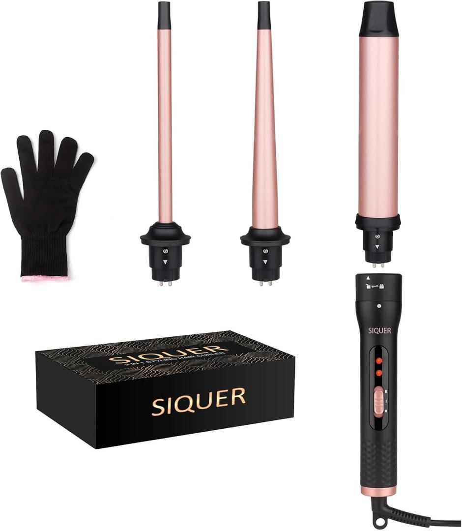 3 in 1 Curling Wand Set - SIQUER Hair Waver Curling Iron for Women with 3 Interchangeable Ceramic Beach Waves Wands 1/2 Inch to 1 1/4 Inch Fast Heating Up Hair Curler with Box (Rose, Black)