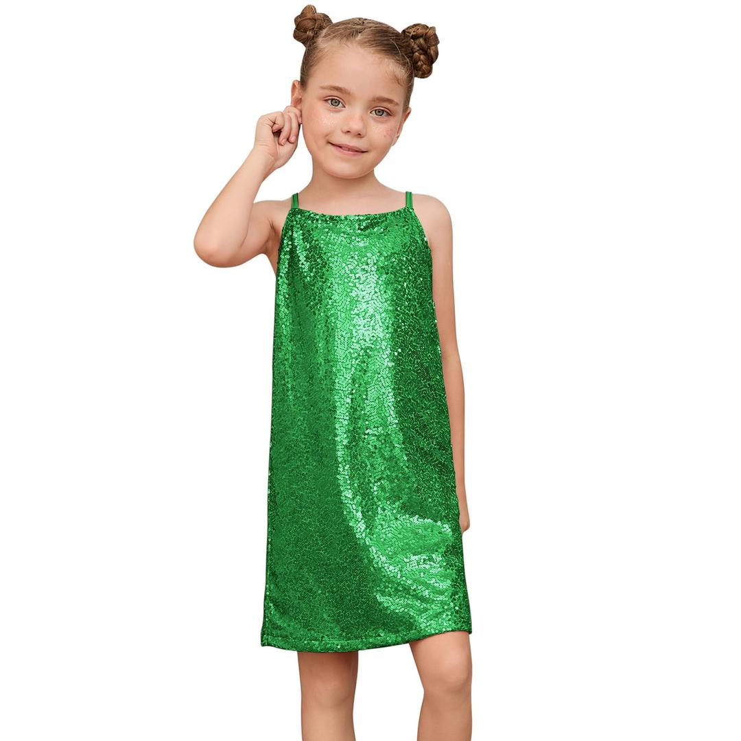 Perfashion Sequin Dress for Girls Sparkly Spaghetti Strap Dress Green Dance Bodycon Metallic Outfit Size 10-12 (Green)
