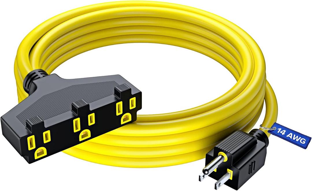 Extension Cord 25 Feet, SJTW Extension Cord with Multiple Outlets, 14 Gauge (Yellow) ETL Listed