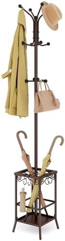 Hoctieon Coat Rack Freestanding, Entryway Coat Hanger Stand, Umbrella Holder, Hall Tree With 12 Hooks, Standing Coat Rack, Floor Standing Metal Umbrella Tree Stand, Brown