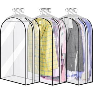 MISSLO 32" All Clear Garment Bags for Hanging Clothes 10" Gusseted Suit Bags for Closet Storage Suit Cover Hanging Clothes Storage for Shirts, Coats, 3 Packs