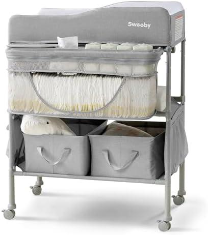 Sweeby Portable Baby Changing Table, Foldable Diaper Changing Station with Waterproof Pad, Mobile Nursery Organizer for Infant & Newborn Essentials, Grey