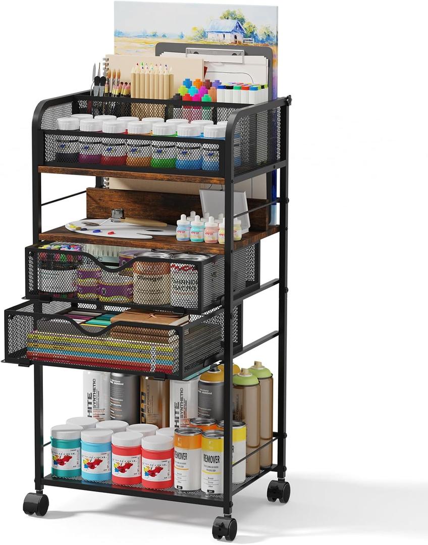 Art cart, 5 Tier Rolling Cart - Utility Cart with Storage Drawer and Wheels, Versatile Art & Craft Organizer for Home, Office, or Studio Ideal for Storing Brushes, Paints