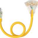 3FT 12 Gauge Heavy Duty Outdoor Extension Cord Waterproof with 3 Outlets & Lighted End, STW 15A 1875W 3-Prong Yellow Flexible Power Cord for Indoor Outside Decorations Garage, Garden, ETL