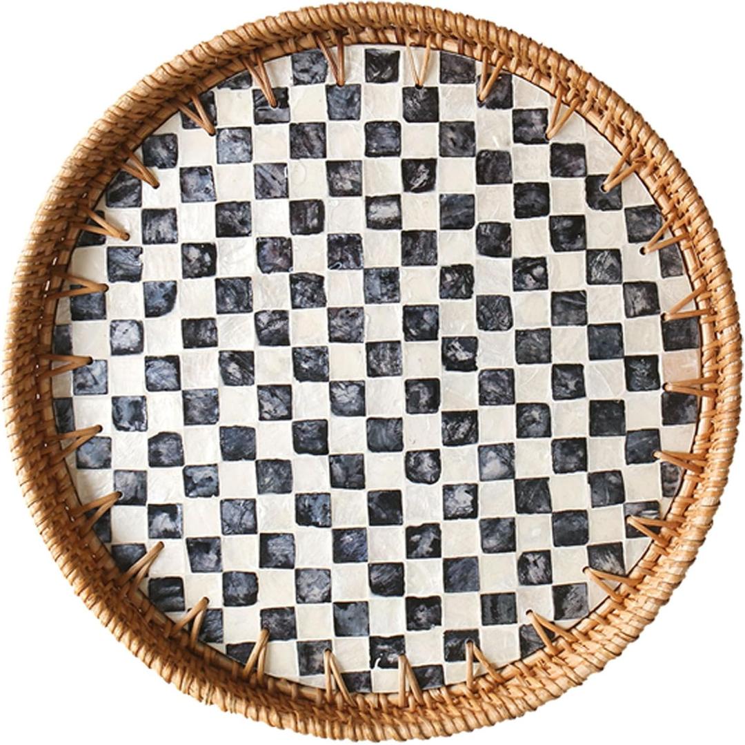 Round Rattan Tray with Mother of Pearl Inlay, Decorative Wicker Serving Tray with Wooden Base, Woven Basket Trays for Bread Fruits Coffee, Checkered