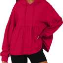 Womens Oversized Hoodies Sweatshirts Casual Lantern Sleeve Peplum Tops Drawstring Loose Hooded Pullover Workout Top (Small, Red)