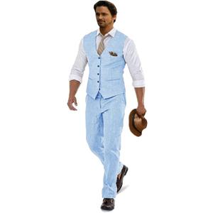 Linen Suits for Men Casual Wedding Suits Men 2 Piece Suits Groomsmen Tuxedos Summer Beach Prom Vest and Pants Set (Blue, XL)