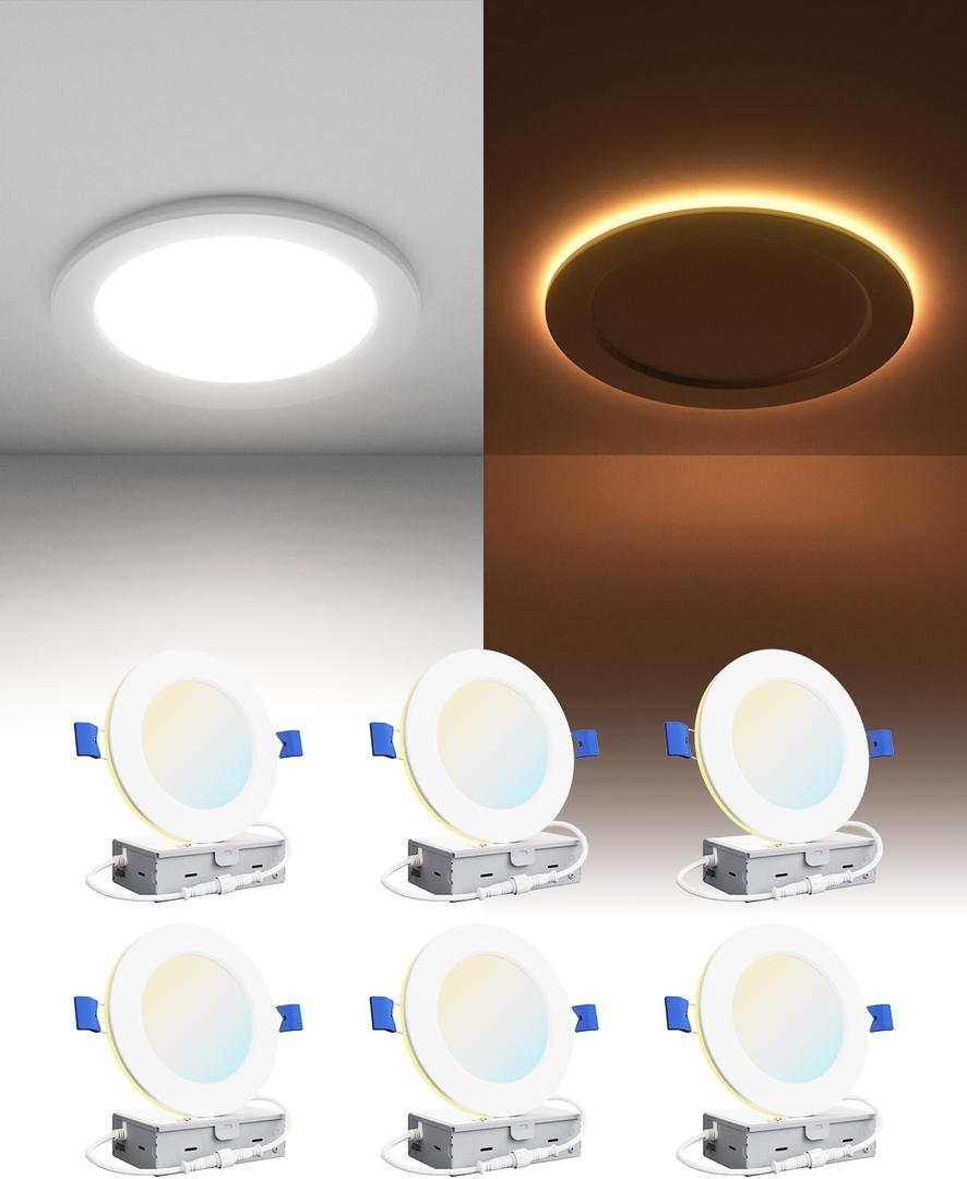 Ensenior 6 Pack 4 Inch LED Recessed Ceiling Light with Night Light, Dimmable, 2700K-5000K 5CCT, 750LM 9W 120V, High Brightness Canless Wafer Downlight - FCC