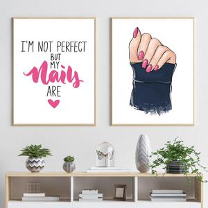 Fashion Pink Makeup Nails Canvas Wall Art Cartoon Nail Polish Posters Prints Nails Art Picture Girl Beauty Salon Prints Pop Art for Nails Salon Wall Decor Unframed