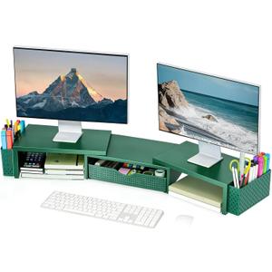 Spacrea Metal Desk Organizers and Accessories, Dual Monitor Stand Riser with Drawer and 2 Pen Holders, Desk Accessories & Workspace Desktop Organizers for Office Supplies (Dark Gree)