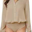 TQD Women Button Down Bodysuit Long Sleeve Collared Shirt Satin Blouse Bodysuits Tops Business Casual Office Professional, Medium