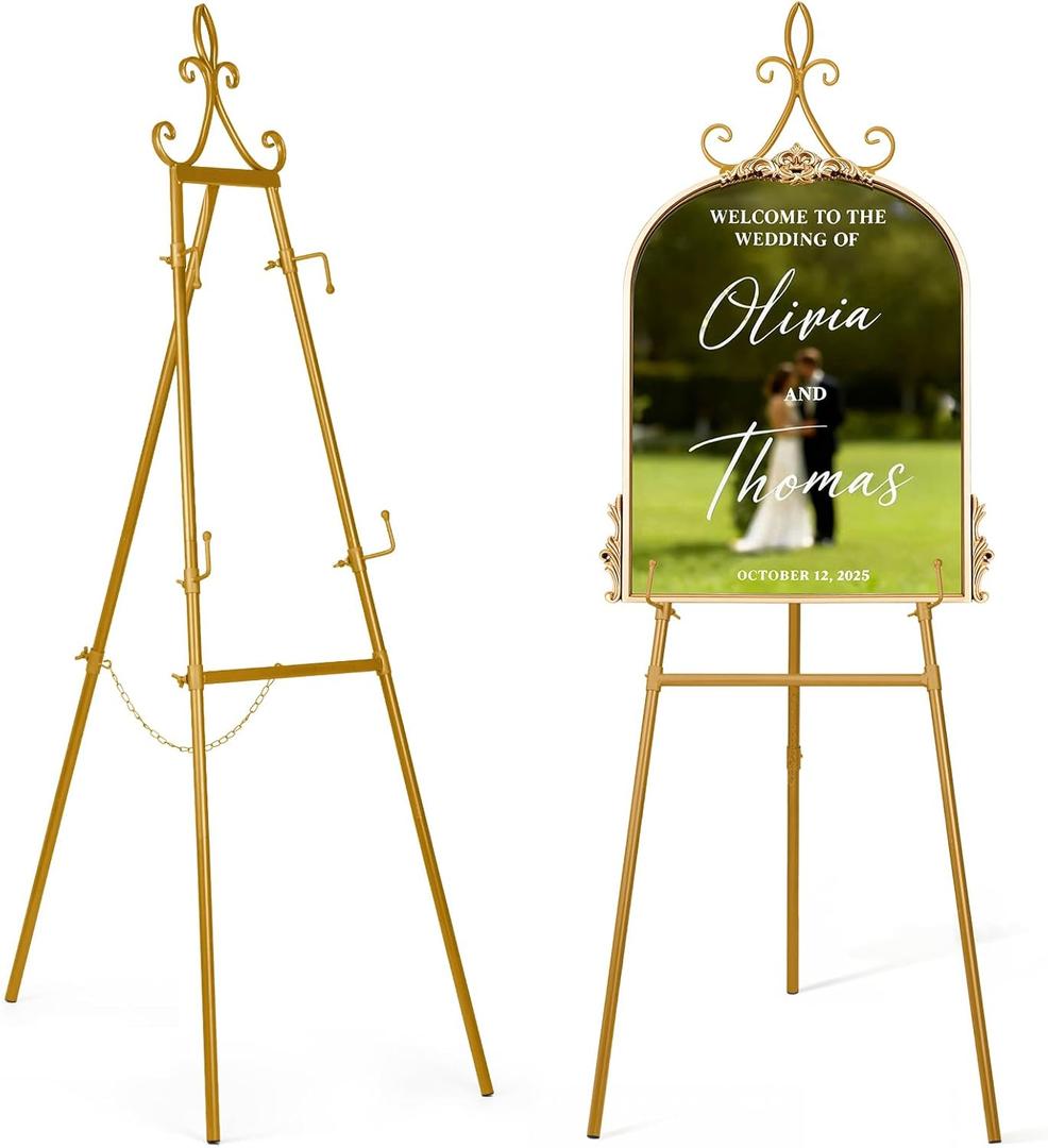 53.9" Gold Easel Stand for Sign, Heavy Duty Metal Display Easel with Storage Bag, Adjustable Art Easel for Wedding Sign, Welcome Sign, Picture