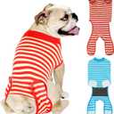 2 Packs Breathable Cotton Dog Recovery Suit for After Neuter Spay Abdominal Wounds Protector, Professional Anti-Licking Onesies for Male Female Pets Surgery Bandages, L Red & Blue Stripes