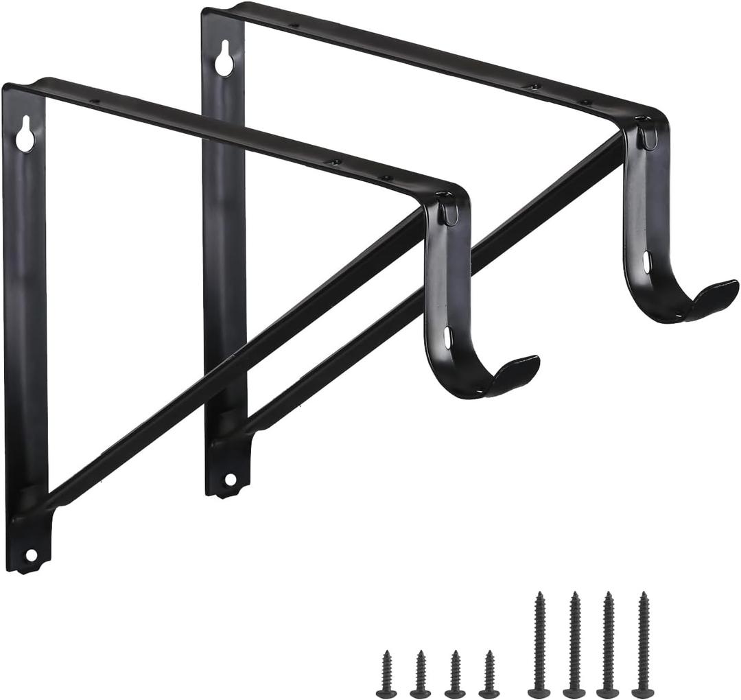 HOME MASTER HARDWARE Heavy Duty Closet Rod Brackets 2 Pack, Wall Mounted Shelf Bracket with Rod Shelving Support, 11 x 9.5 in Shelves Support Brace with Hook Black with Screws