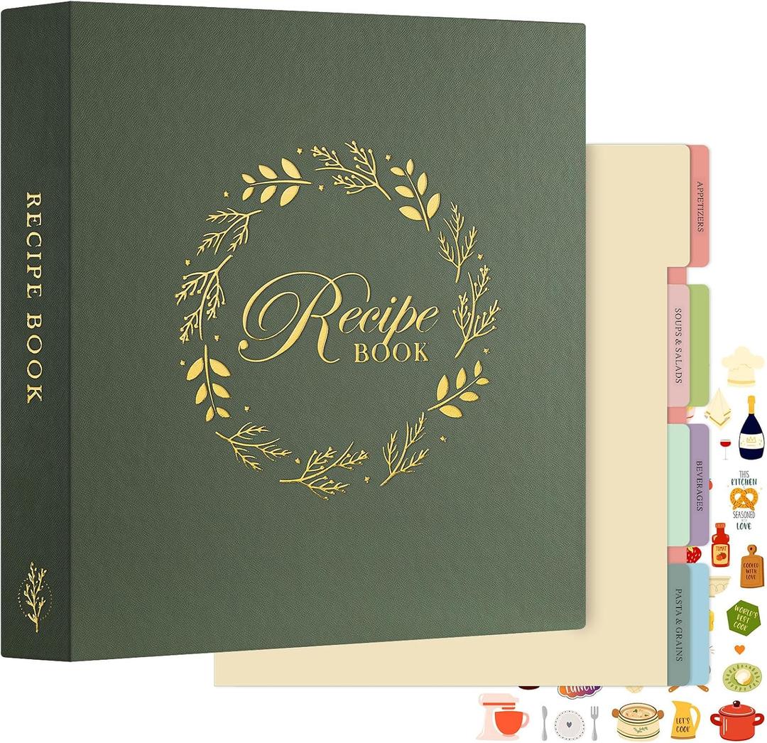 Lanpn Recipe Binder 8.5x11 3 Ring Kit, Waterproof Organizer Binder to Write in Your Own Recipes, Blank Recipe Book with 60 Plastic Sleeves,116 Recipes, Dividers, Labels & Stickers, Green