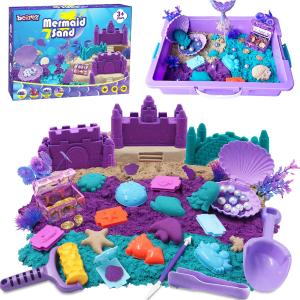 Mermaid Sensory Bin Toys, Over 3lbs Purple/Teal/Beach Sand with Sandbox, 17 Castle Marine Animal Molds 12 Tools Treasure Chest, Sensory Sand Kit Mermaid Toys for Girls 4 5 6 7 8 Gifts