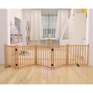 YOCAN Non-Painted Wooden Freestanding Dog Gates for The House, Doorways, Stairs,Wood Pet Fences Indoor Pet Gate,Step Over Fence-5 Panels L:115" H:23"