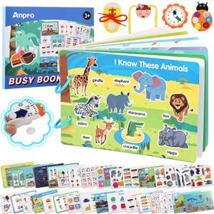 Anpro Montessori Busy Book with Felt Toys, Preschool Learning Activities with 20 Themes Learning & Coloring Books, 4 Felt Toys, Airplane Car Travel Toy Birthday Gift for Boys Girls, ACANML0101-1-AP