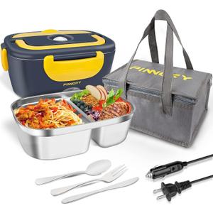 Electric Lunch Box Food Warmer, 80W Food Heater 3 in 1 12/24/110V for Car and Home, Lunch Heating Microwave for Truckers with 304 Stainless Steel Container, Heated Food Box with Tableware