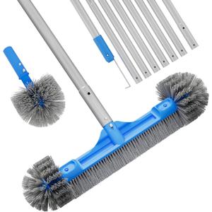TidyMister Pool Brush Set - 20 2-in-1 Detachable Round Brush with Extra Side Brush for Cleaning Hard-to-Reach Corners, 9 FT Aluminum Extended Pool Pole with Hidden Hook Retriever
