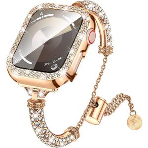 LETOID Bling Band & Case Compatible with Apple Watch 40mm 41mm 42mm 44mm 45mm 46mm Series 10 9 8 7 6 5 4 SE for Women, Fancy Metal iWatch Bands Rhinestone Bracelet Dressy Strap with Face Cover