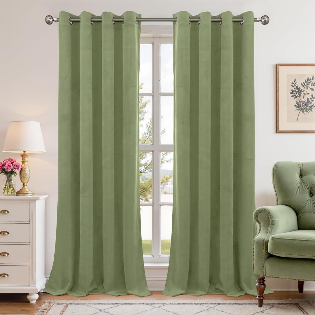 YoungsTex Sage Green Velvet Blackout Curtains 80 Inches Length for Living Room, Grommet Thermal Insulated Window Drapes Privacy for Bedroom, 2 Panels, 52 X 80 Inch