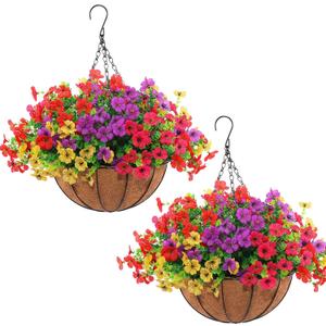Hananona 2 Set Artificial Outdoor Flowers with Hanging Basket, 2 Hanging Planters with 24 Pcs Flowers for Spring Summer Front Porch Garden Patio Home Decor (2, Red, Purple, Yellow, Rose Red)