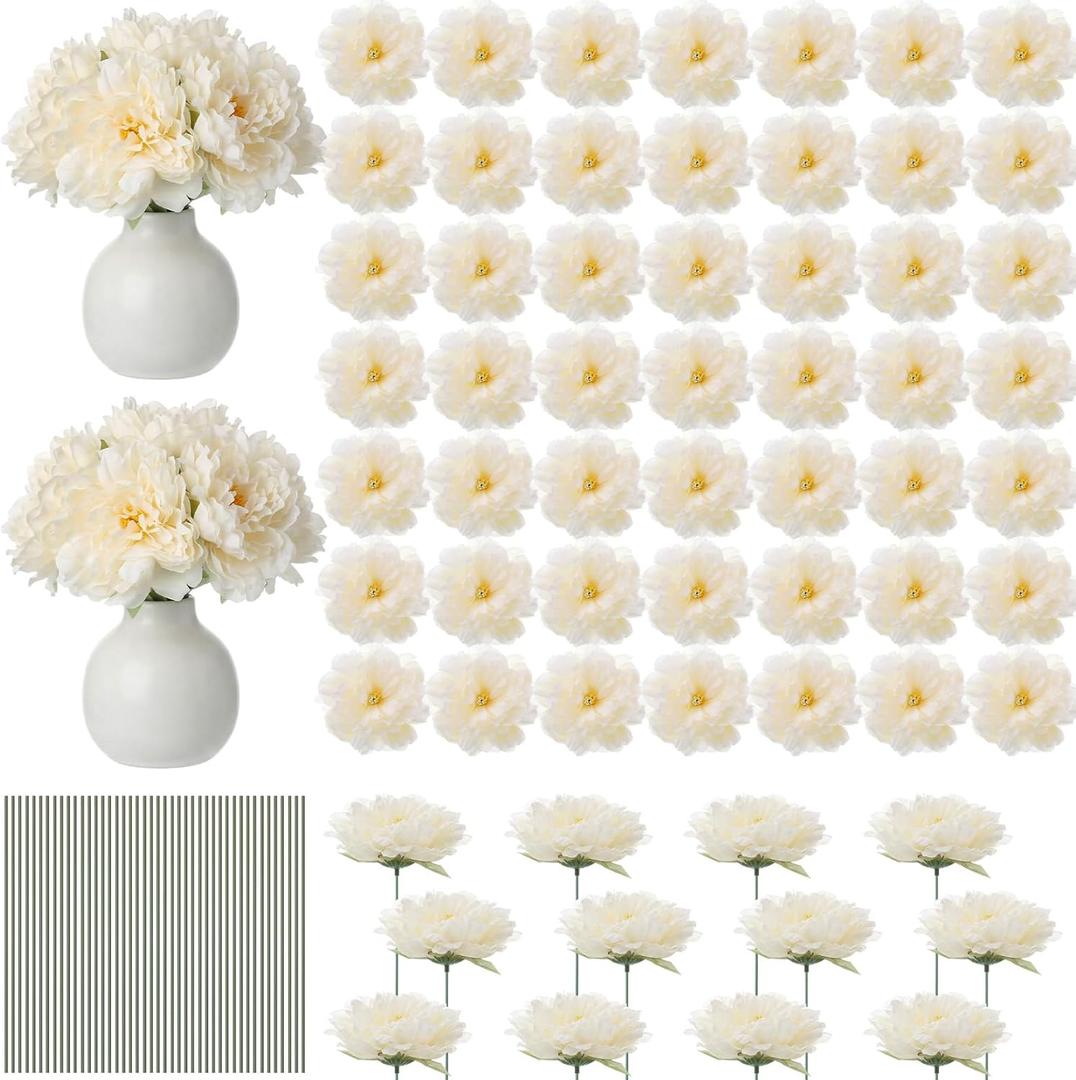 50 Pcs 5.5 Inches Peonies Artificial Flowers with Wire Branch Silk Realistic Blooming Fake Peonies Rose Bouquets for Wedding Table Centerpiece DIY Craft Party Home Decor (Beige)