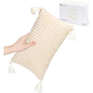 vocheer Small Travel Pillow with Tassels, 11"x 7" Neck Pillow for Sleeping, Mini Travel Pillows, Tiny Pillows for Neck, Wrist, Lumbar and Knee, Pets, Machine Washable,Beige-1pc