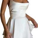 LuFeng Women's Elegant Satin A-line Summer Sleevesless Rompers Bandage Back Spaghetti Strape Tiered Mini Dress Jumpsuits (White, S)