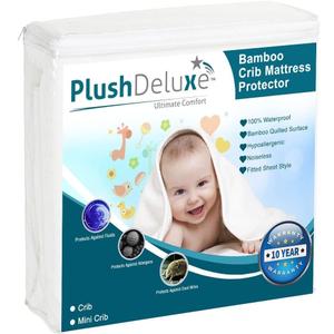 PlushDeluxe Crib Mattress Protector, 28x49, 100% Waterproof, Noiseless, Ultra Soft Viscose Made from Bamboo with Quilted Terry Cotton Top, White Fitted Sheet Style Toddler Crib Cover