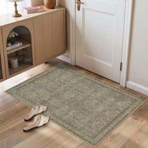 Rugxara Entryway Rug Door Mat, Washable Small 2x3 Rug, Boho Front Door Mat, Non-Slip Area Rugs, Low Pile Throw Accent Entry Carpet for Indoor Entrance, Bathroom and Kitchen(Olive/Brown 2x3ft)