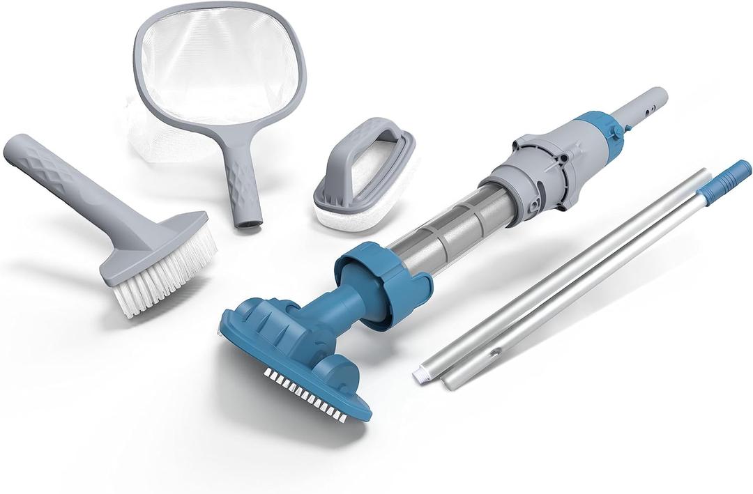Kokido 2024 5-in-1 Rechargeable Spa Vacuum Essential Kit - Multi-Angle Head, Section Pole, 3 Hand Tools: Skimmer, Scrubber, and Brush. Cold/Hot Water Safe, Ideal for Inflatable Spa Hot Tub XV100
