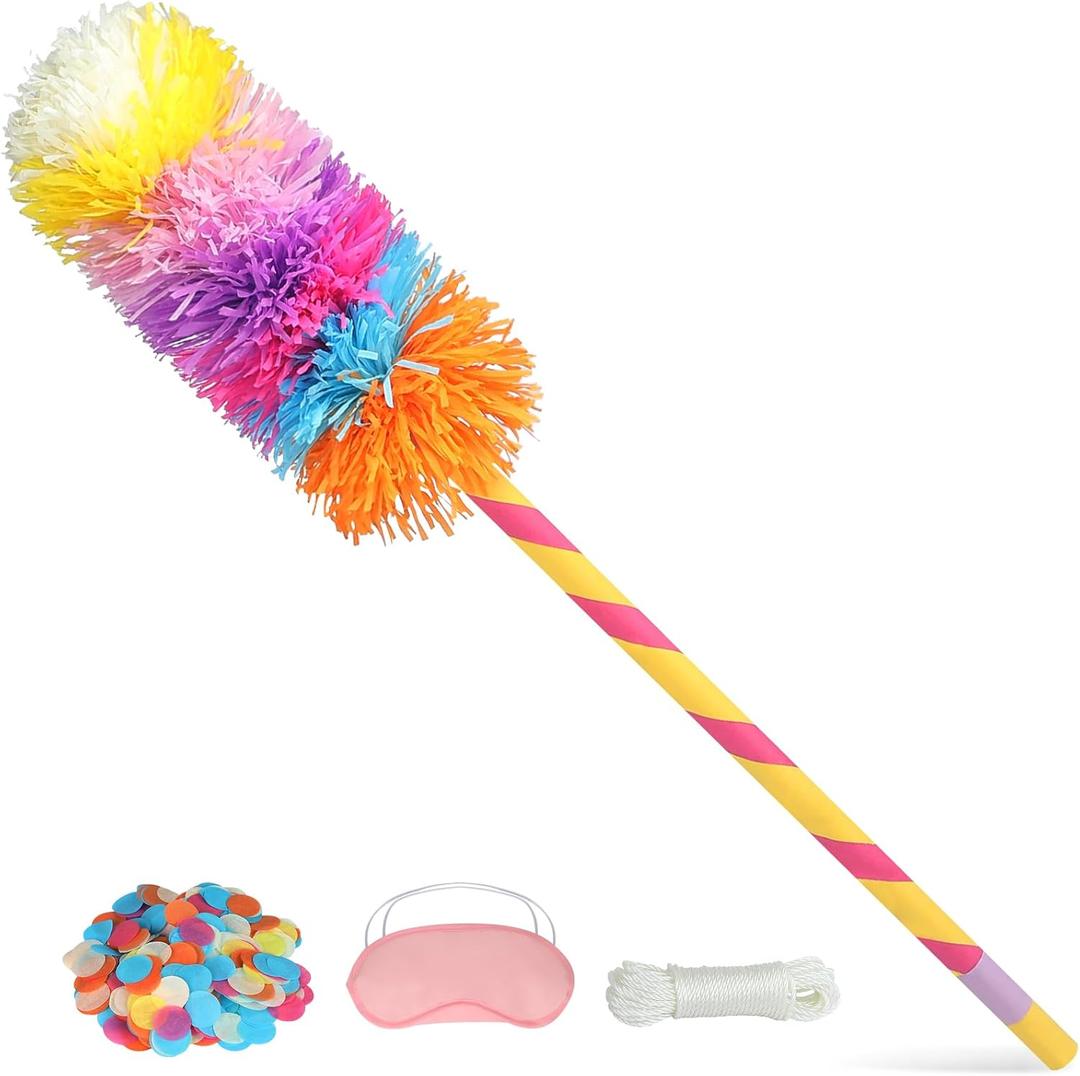 34" Piata Stick Accessories Set, Pinata Bat, Blindfold Eye Mask, Hemp Rope, Confetti (Pink)